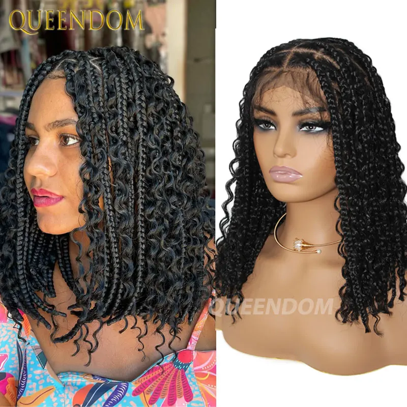 

Synthetic 12" Short Box Braids Wig Bohemian Cornrow Braided Wigs Curly Goddess Knotless Full Lace Front Wigs Bob Wig For Women