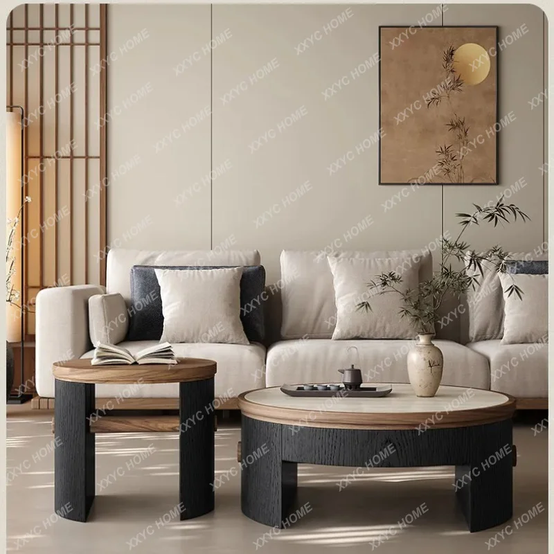 XXTravertine rock slab living room round simple medieval coffee table