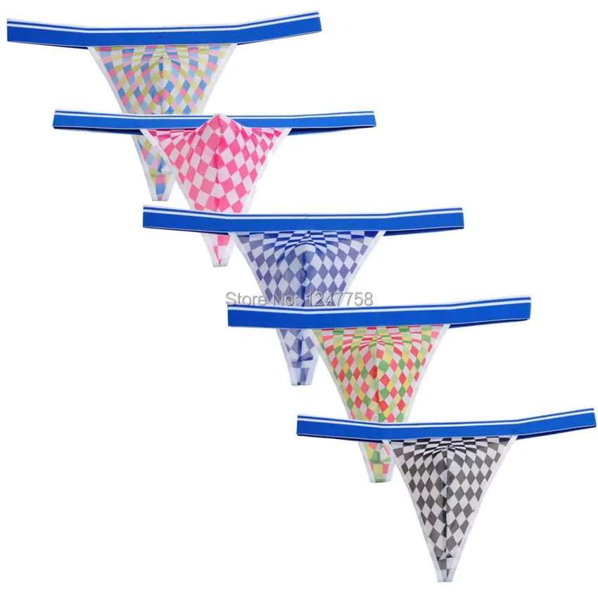 5Pcs Pack Men Band Thong Mesh Plaid Mini T-Back Underwear Sexy Pants Enlarge Bulge Pouch G-string Tanga