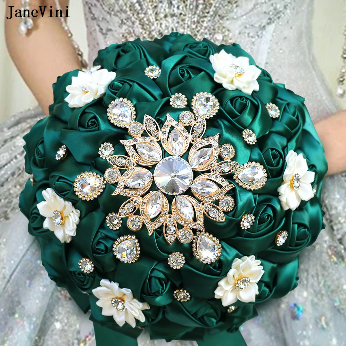 JaneVini Customized Dark Green Bridal Brooch Bouquets Artificial Satin Roses Golden Rhinestones European Wedding Bouquet Flowers