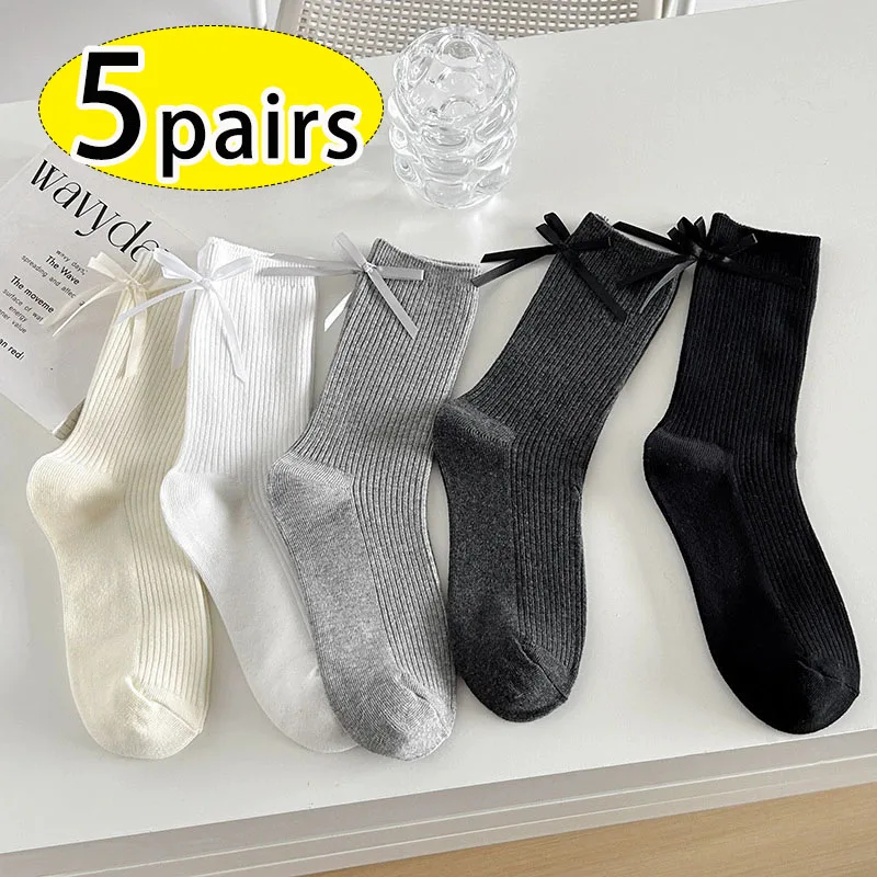 

5Pairs Women Lolita Sweet Bowknot Socks College Japanese Style Solid Color Middle Tube Socks Spring Autumn Soft Cotton Socks