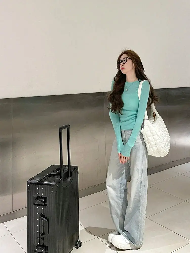 Mint Green T-shirts Women Long Sleeve Slim O-neck Korean Style Simple Solid Color Spring Ins Sweet Leisure Basic Fashion