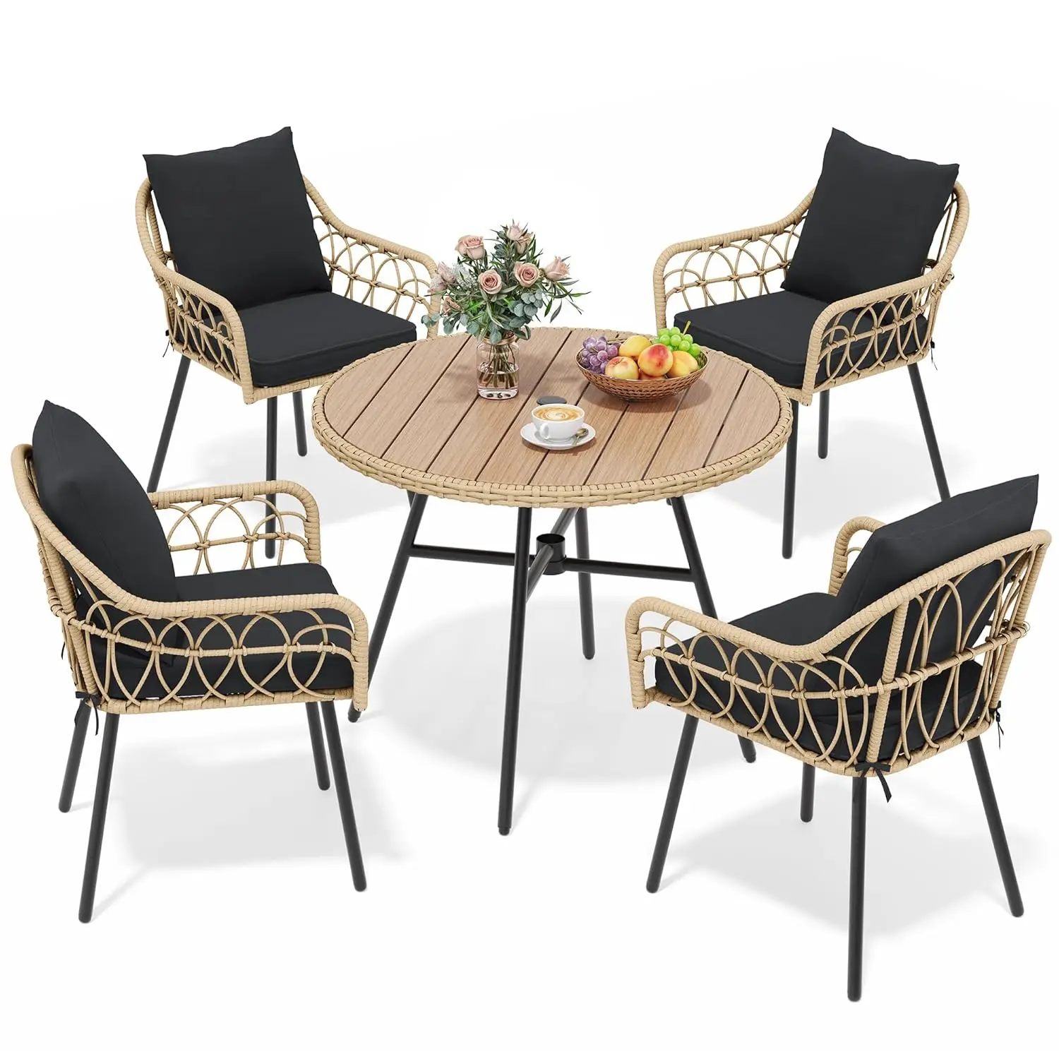 

5-Piece Outdoor Dining Table Set for 4, Rattan Patio Furniture Set with 4 Armchairs, Patio Table and Chairs Set, Customized