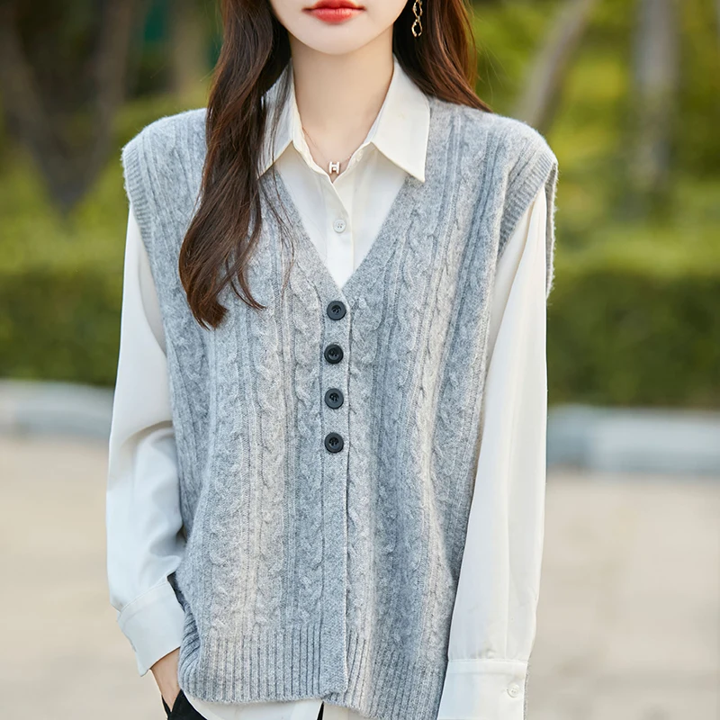 100% pure cashmere vest cardigan female V-neck solid color stacked sleeveless vest sweater loose versatile knit top