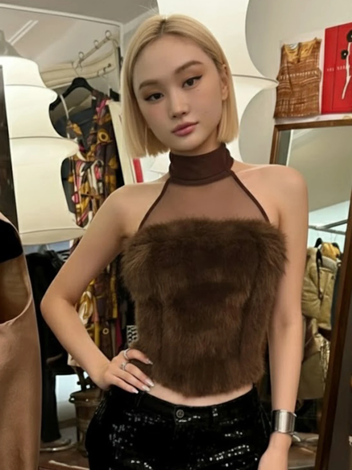 

WEEKEEP Retro Spicy Girl Sexy Mesh Fur Patchwork Backless Neck Hanging Vest Slim Fit Short Top Dancing Street Style Summer Ou...