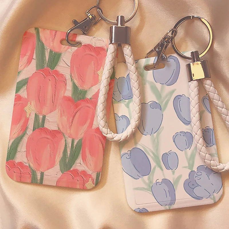 Tulip Card Holder Photocard Holder Keychain Students Card Protectors Blue ID Bank Cards Cover School Stationery Photocard Bag