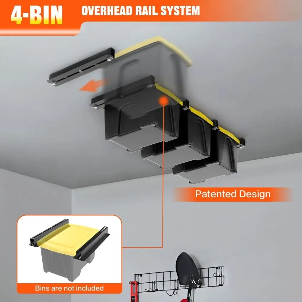 Garage Ceiling Bin Storage Rack, Overhead Tote  Rail System Heavy Duty Adjustable  Slide