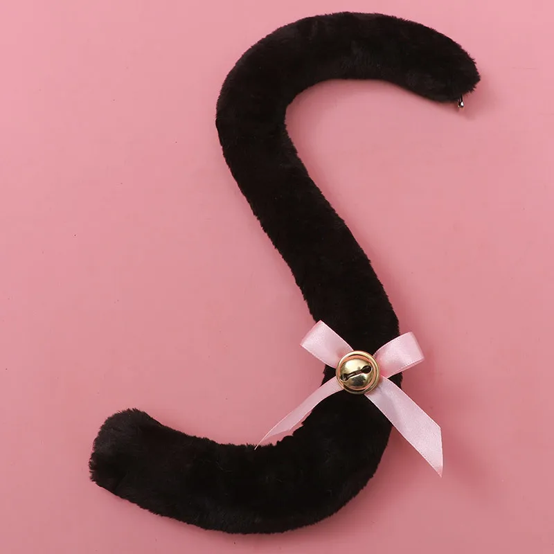 Plush Long Cat Tail with Ribbon Bowknot Bell Plush Furry Cat Ears Headwear White Lace Women Girls Party Cosplay
