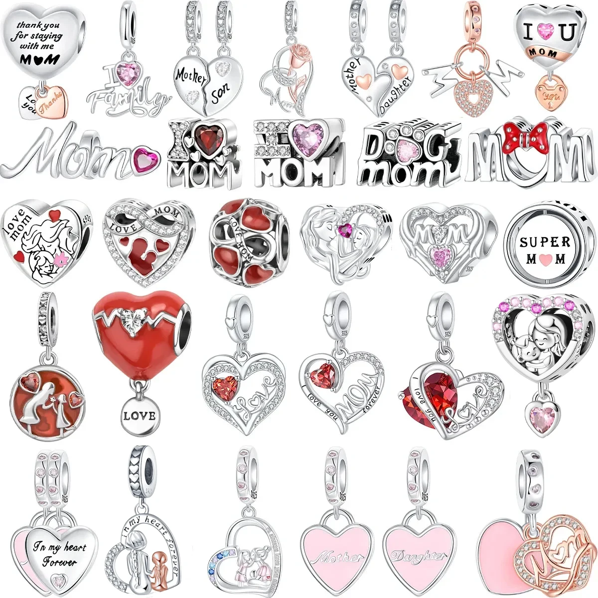 Original 925 Sterling Silver Family Charms Mom Flower Heart Beads For Necklace DIY Bracelet Present Jewellery Gift Mother's Day