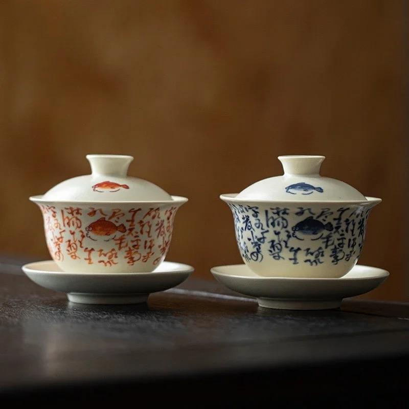 Soda Glaze Poetry and Text Cover Bowl Handmade Ceramic Sancai Cover Bow Tea Making Bowl Tea Cup Opening Can Raise Kung Fu TeaSet