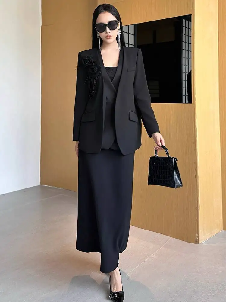 BEWQ-Conjunto de 2 uds de moda para mujer, chaqueta holgada de manga larga con cuello en V y retazos de flores en 3D, falda de cintura alta, traje de fiesta, otoño 2025