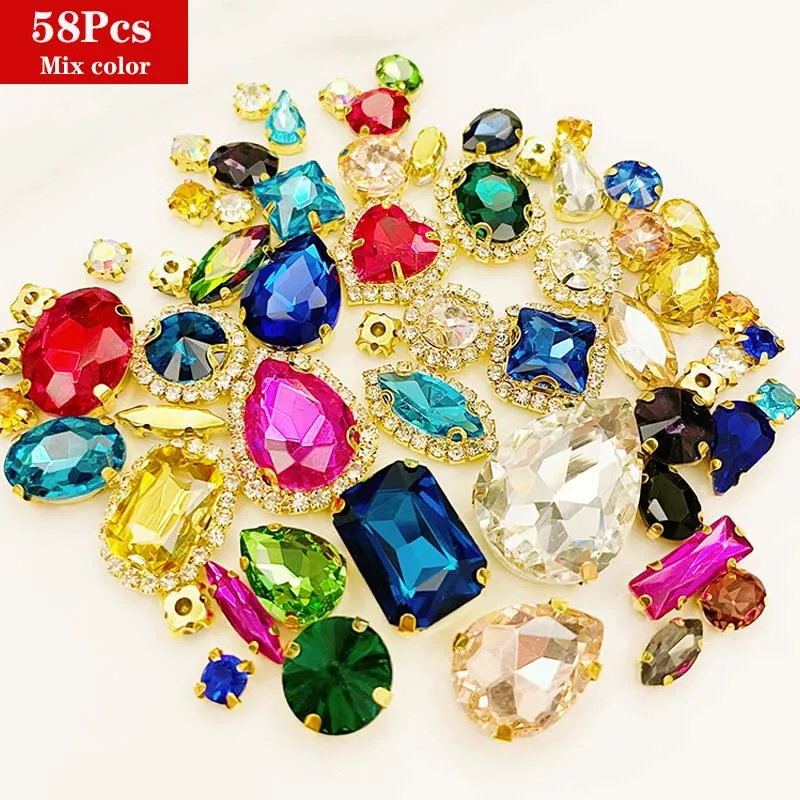 Mixed 58Pcs AB Color Glass Rhinestones, Golden Crystal Buckle, Sewing Accessories, Use for Needlework, DIY Clothing Decoration