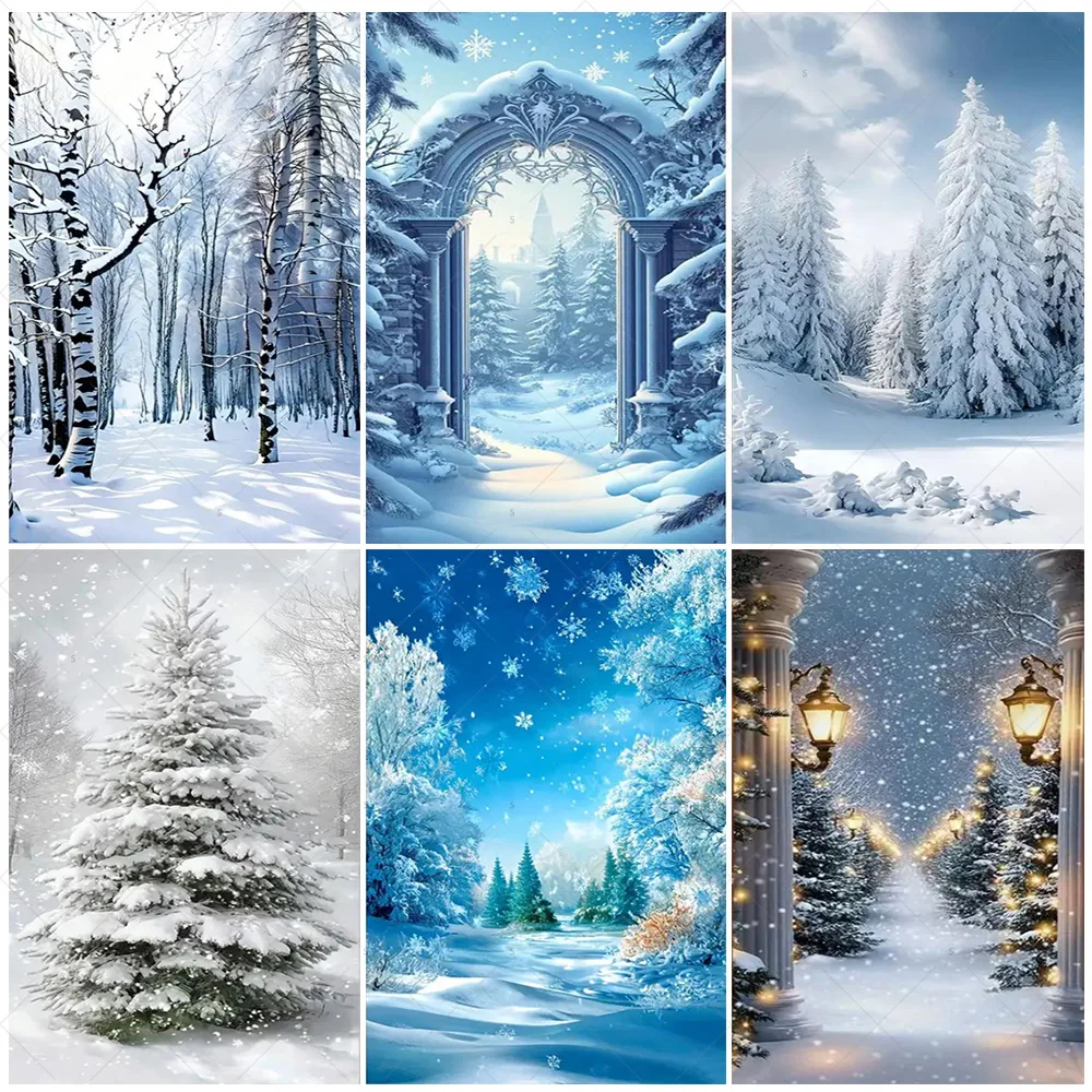 

Winter Snow Scene Door Cover Background White Forest Photography Backdrop Supplies Indoor Outdoor Christmas Party Decorations