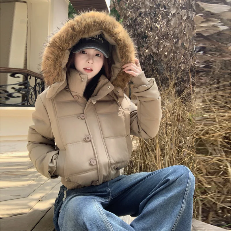 

PinkyIsBlack Korean College Big Fur Collar Hooded Cotton Padded Jacket Women's Winter 2025 New Thick Short Puffer Jacket Clothes