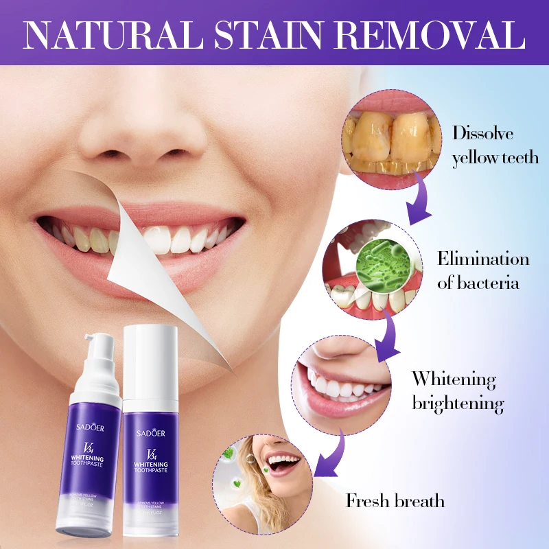 SADOER V34 Toothpaste Stain Removal for Brighter Teeth, Enamel Safe Formula Fresh Mint Fluoride Toothpaste 28/30ml