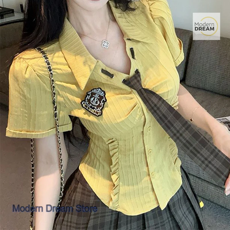 French college style POLO collar wood ear shirt suit women's summer high waist skirt niche design short sleeve two-piece suit