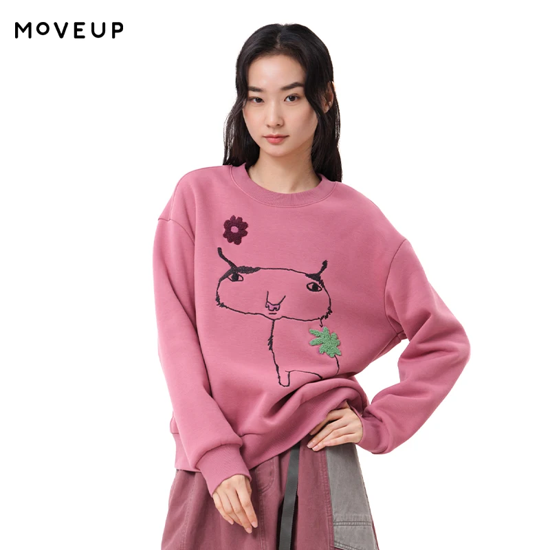 MOVEUP Women's Sweatshirt FUN Series Embroidered Graphic Fleece Lined Cropped Sweatshirt 2026 Winter New Commuter Tops 3ELD11408