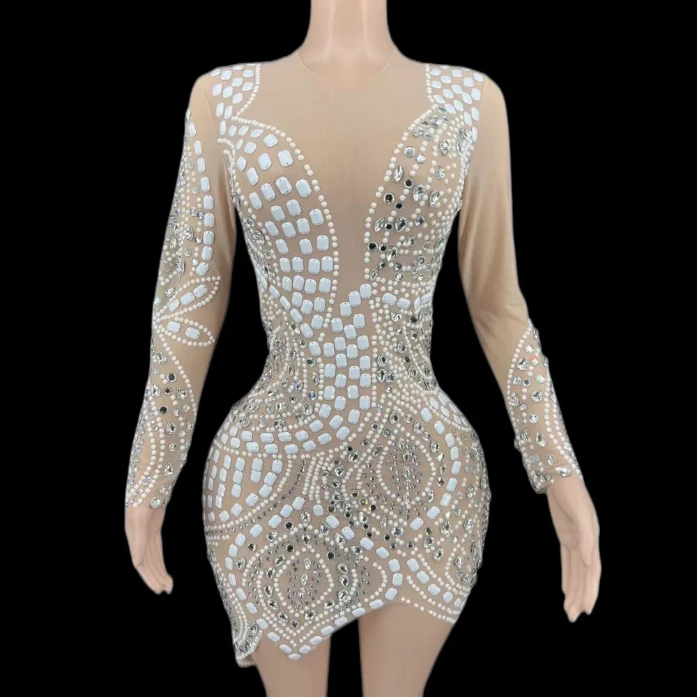 

Nude Long Sleeves Shining Crystal Rhinestones Sexy Dress For Women Party Club Clothing Stage Singer Costumes Evening Wears