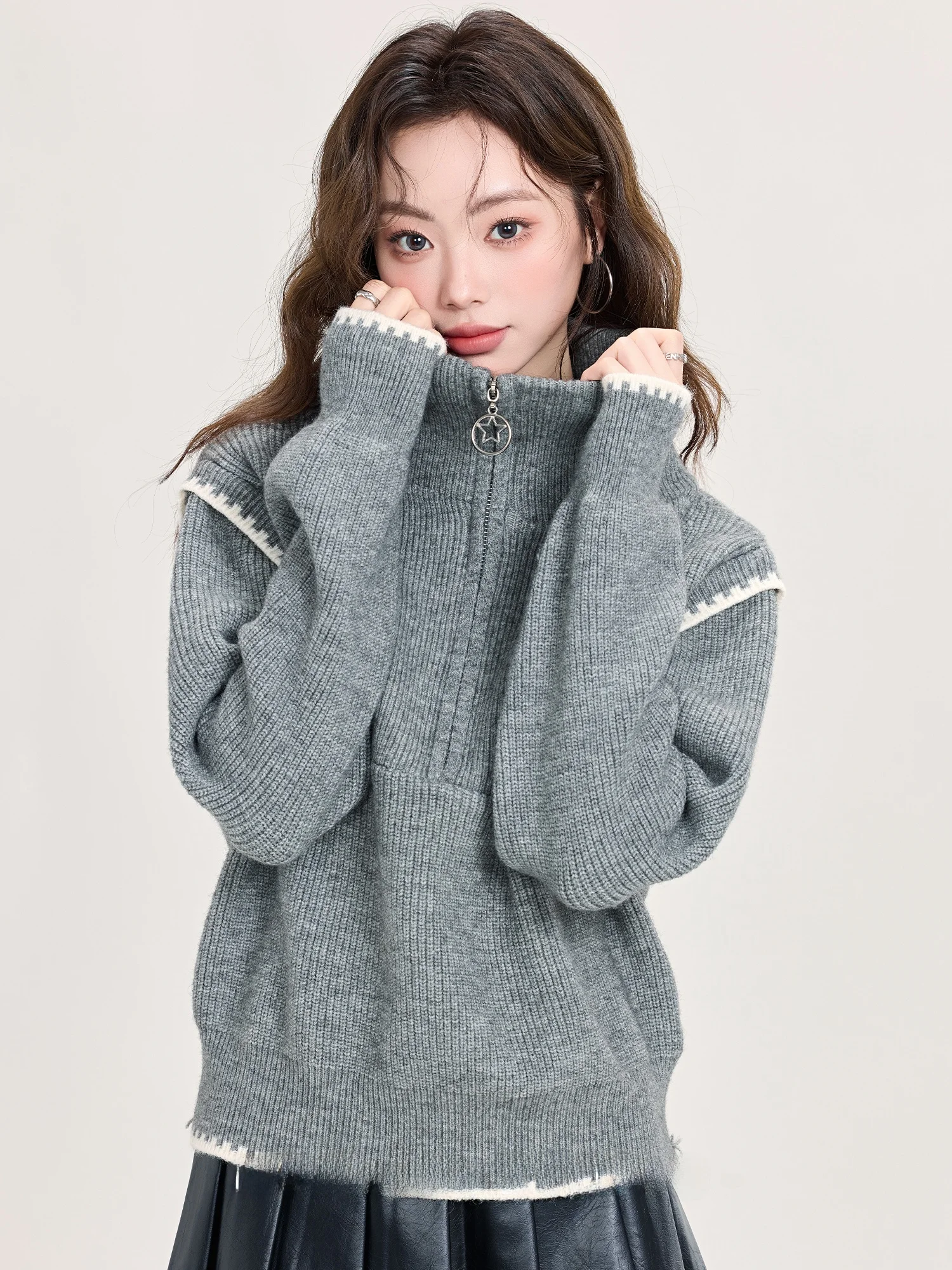 

Женский свитер с высоким воротником и молнией, свободный крой, вязаный топ, осенне-зимний дизайн, модный тренд