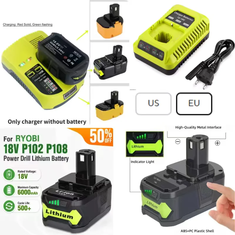 For RYOBI P108 18V 6.0Ah One+ 18 Volt Li-ion Power Tools P104 P107 RB18L50 RB18L20 P108 High Capacity Rechargeable Battery