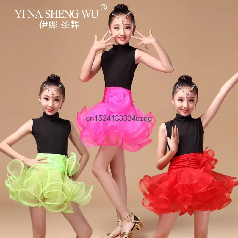 

Детский комплект юбки для латинских танцев — топ без рукавов с высоким воротником для девочек, пышная юбка, танцевальный зал, танго и ча-ча