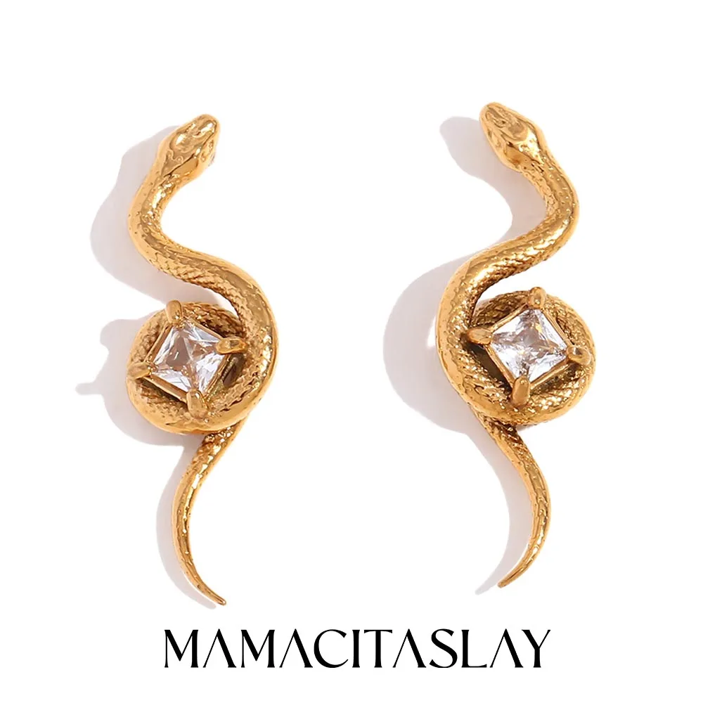 

MamacitaSlay New Trendy Stainless Steel Zircon Snake Earrings Party Waterproof Jewelry Women's Charm Statement Earrings Gift