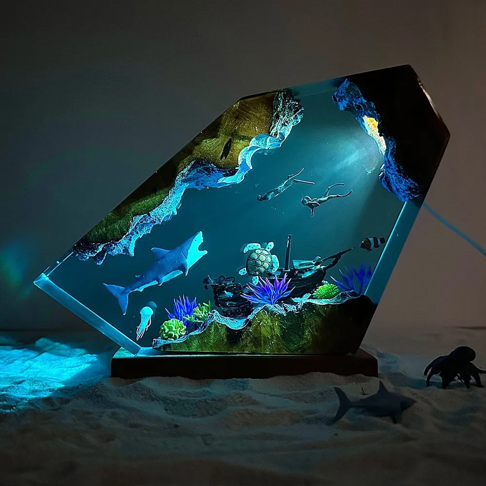 Resin Night Light Shark Turtle Diver Ocean Sea Animal Wood Epoxy Lamp Christmas Birthday Gift Desk Ornament Feng shui Christmas