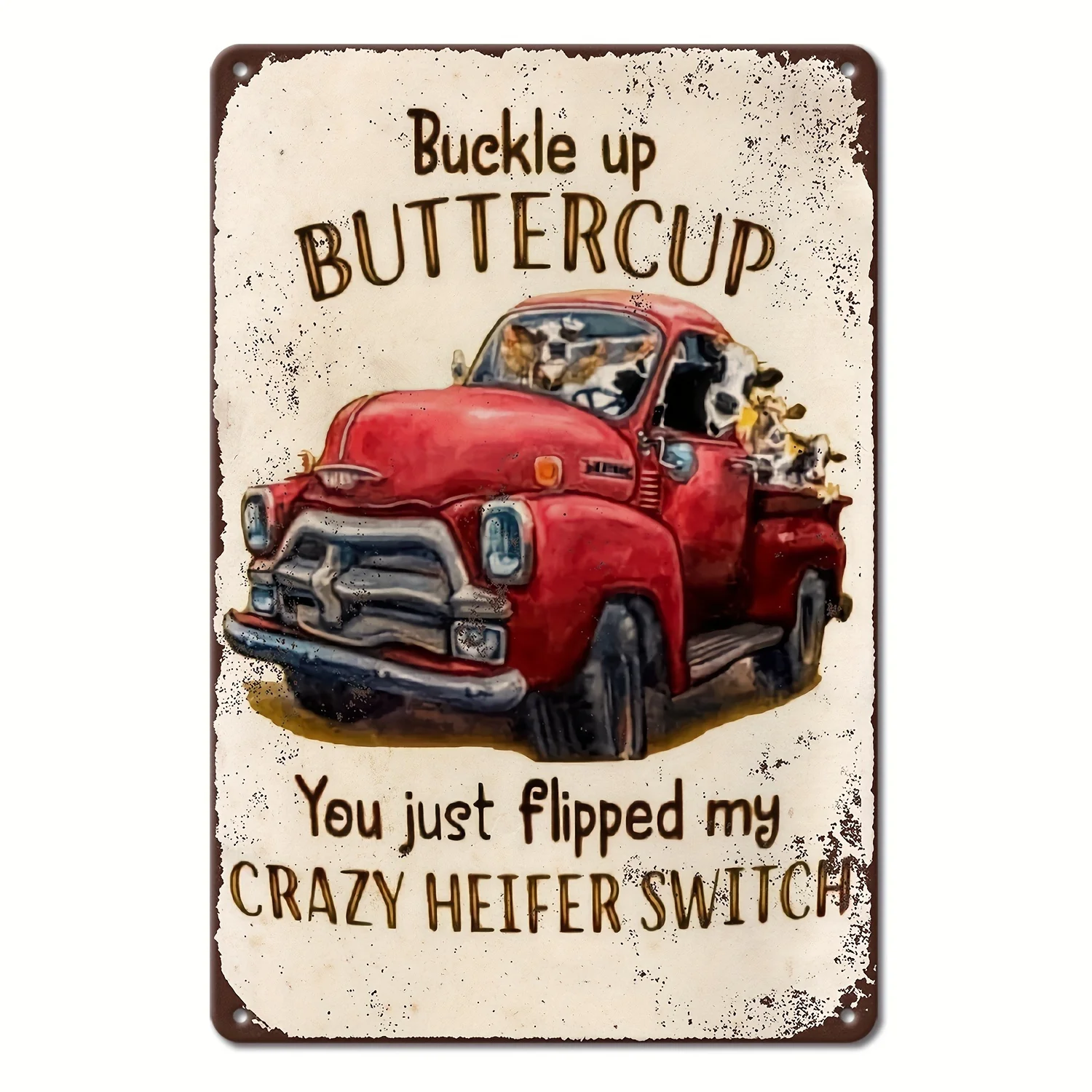 1pc Vintage Humorous Metal Sign - Cow in Truck Art with 