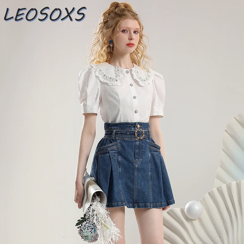 

Sweet Elegant Skirt Suit Women Summer New Rhinestone Doll Collar White Shirt Top High Waist Slimming A- Line Short Denim Skirt