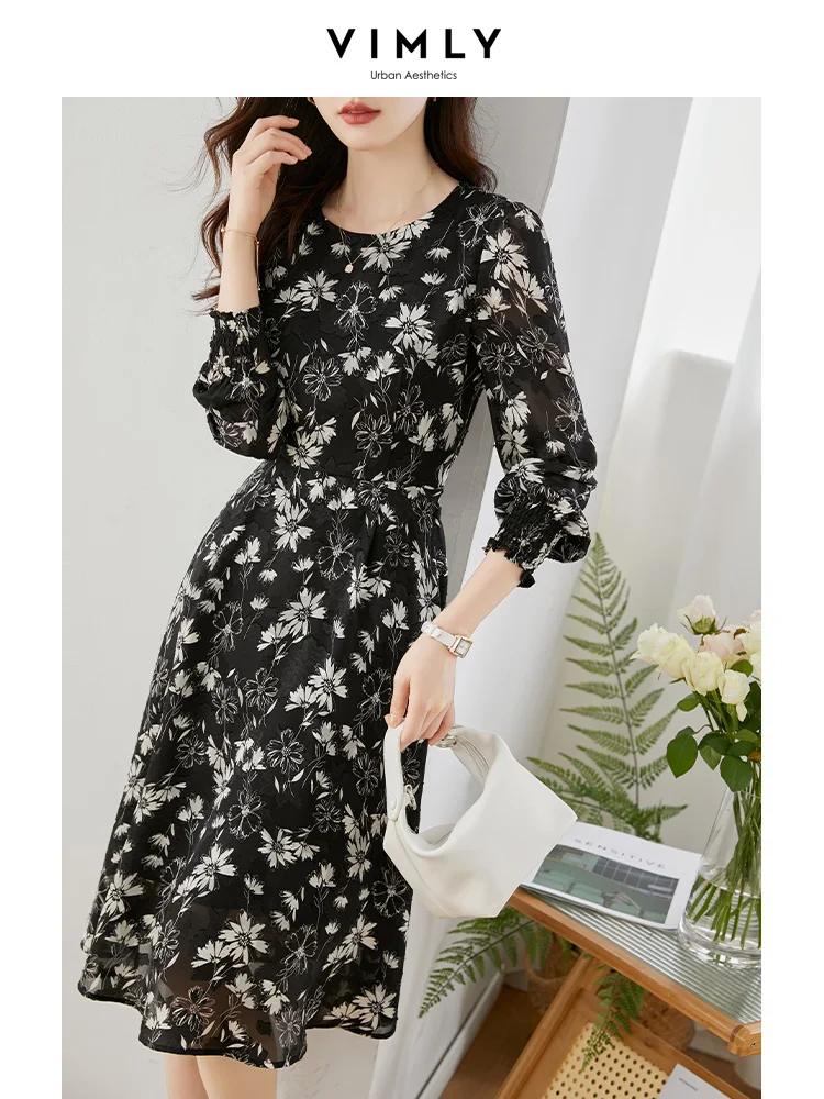 

Vimly Elegant Fairycore Floral Black Dresses for Women 2023 Spring Chiffon A-line Slim Belt O-Neck Long Sleeve Midi Casual Dress