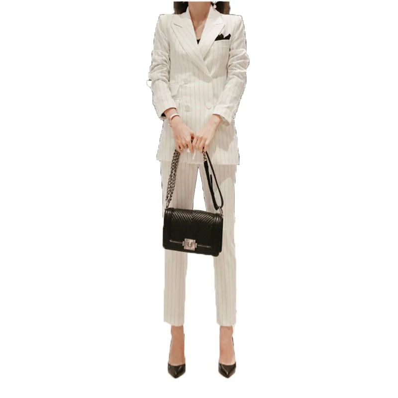 Women\'s OL Fashion Elegant White Stripe Slim Double-breasted Suits Professional Suit Female Suit Two-piece Long Pant Suits