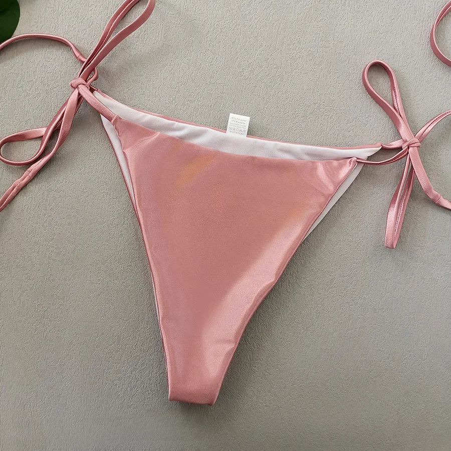 sexy satin pink glitter halter tie string bikinis sets two pieces thong bandage swimsuit bathing suit swimwear biquini tankini