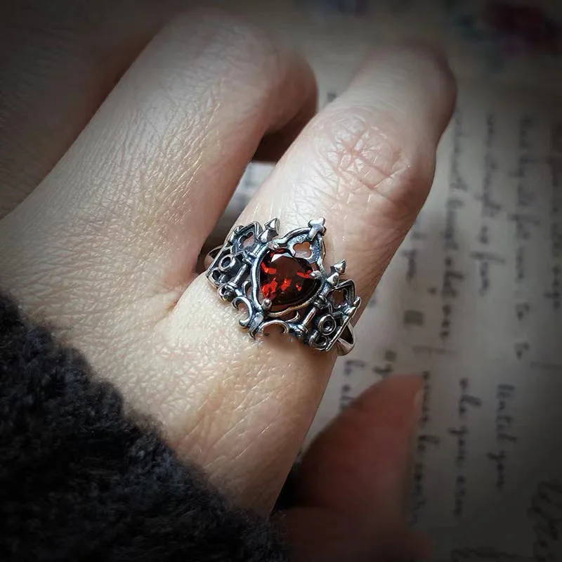 

Gothic Style Cross Crown Love Heart-Shaped Ring Female Special Interest Light Luxury French Middle Ancient Opening Adjustable