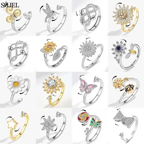 여성을위한 새로운 해바라기 불안 반지 Fidget Spinner 반지 귀여운 나비 Hummingbird Charms Finger Ring 안티 스트레스 회전 선물