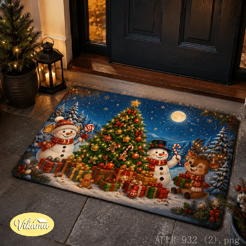 Christmas Snow Scene Snowman Flannel Door Mat, Non-Slip Xmas Floor Carpet, Christmas Decor for Home Entryway Front Door Office