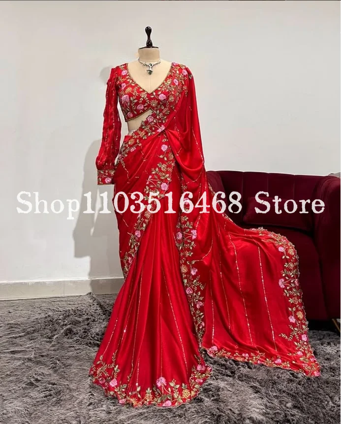 Customised Middle Eastern Wedding Dresses 2025 Red Floral Embroidered Indian Saree Bridal Evening Gowns فساتين سهرة