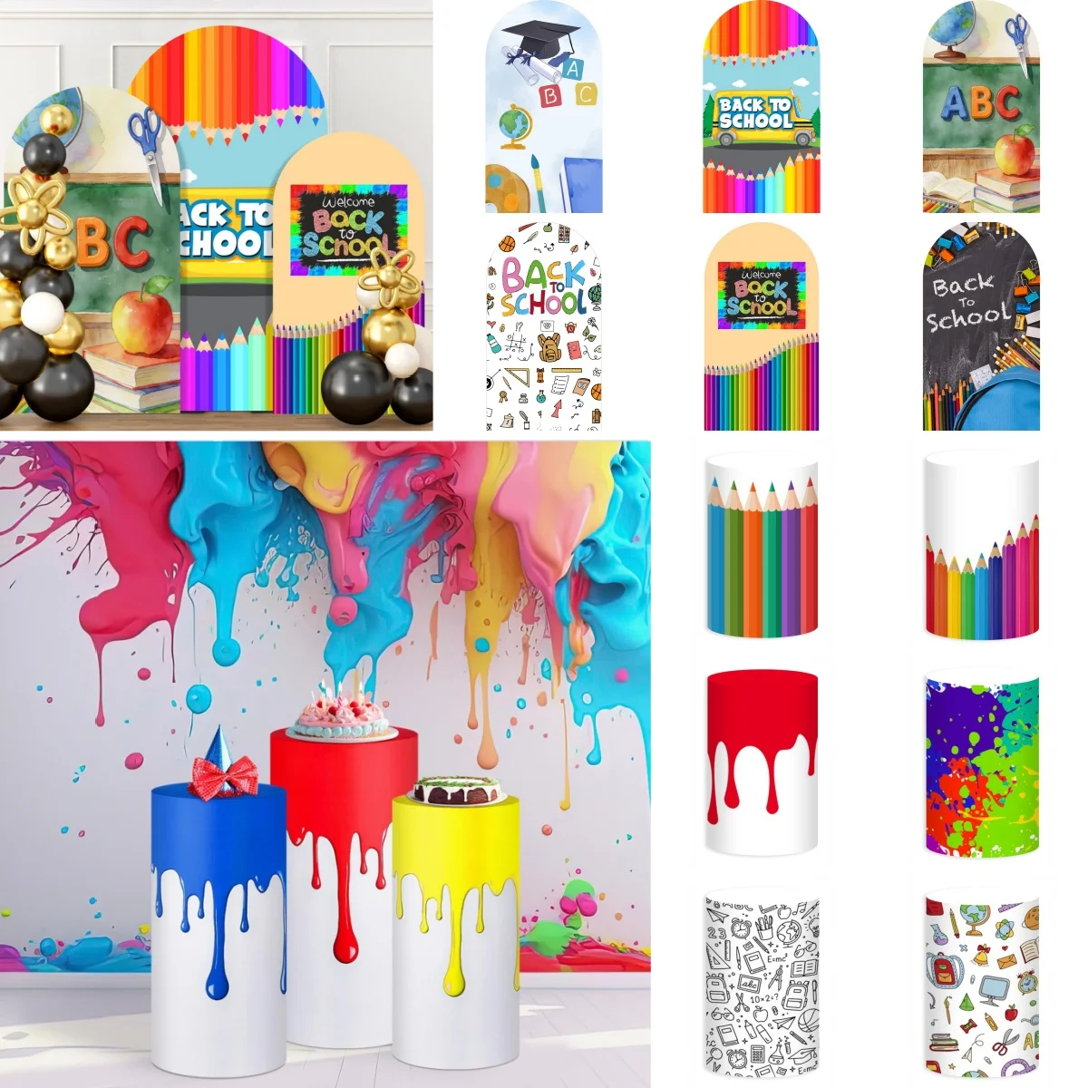 Yeele Back To School Arch Backdrop Cover for Students Portrait Learning Tools Drawing Pen Graffiti Spandex Cylinder Stand Covers