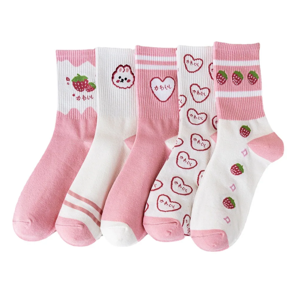 New Socks Women\'s Middle Tube Socks Cute Pink Cotton Socks Trend Strawberry Sweet Love Girl Socks