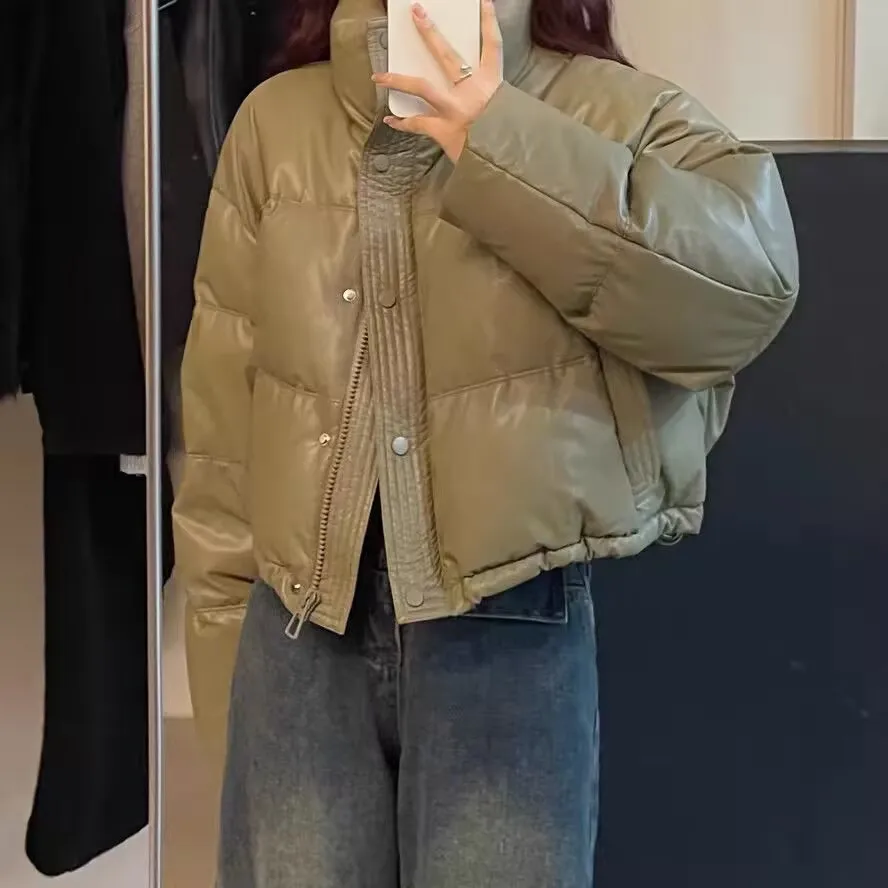 Winter Women PU Short Jacket 2025 Female Waterproof Cotton-padded Jacket Woman Korean Thicken Stand-up Collar Bread Jacket