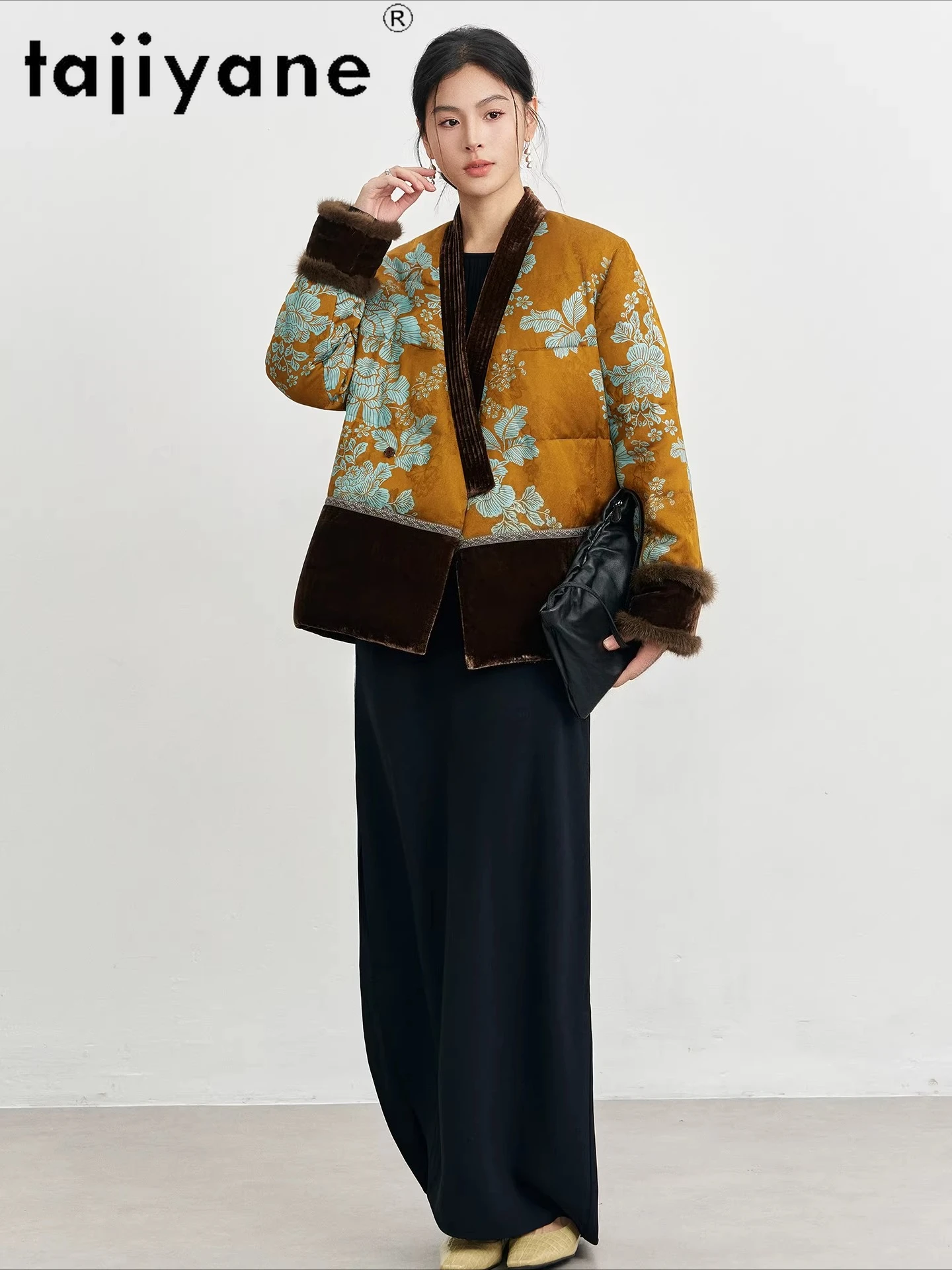 TAJIYANE 90% ganzendons jas dames luxe jacquard donsjassen met nertsenbont manchetten korte puffer jassen 2025 winterkleding  soi