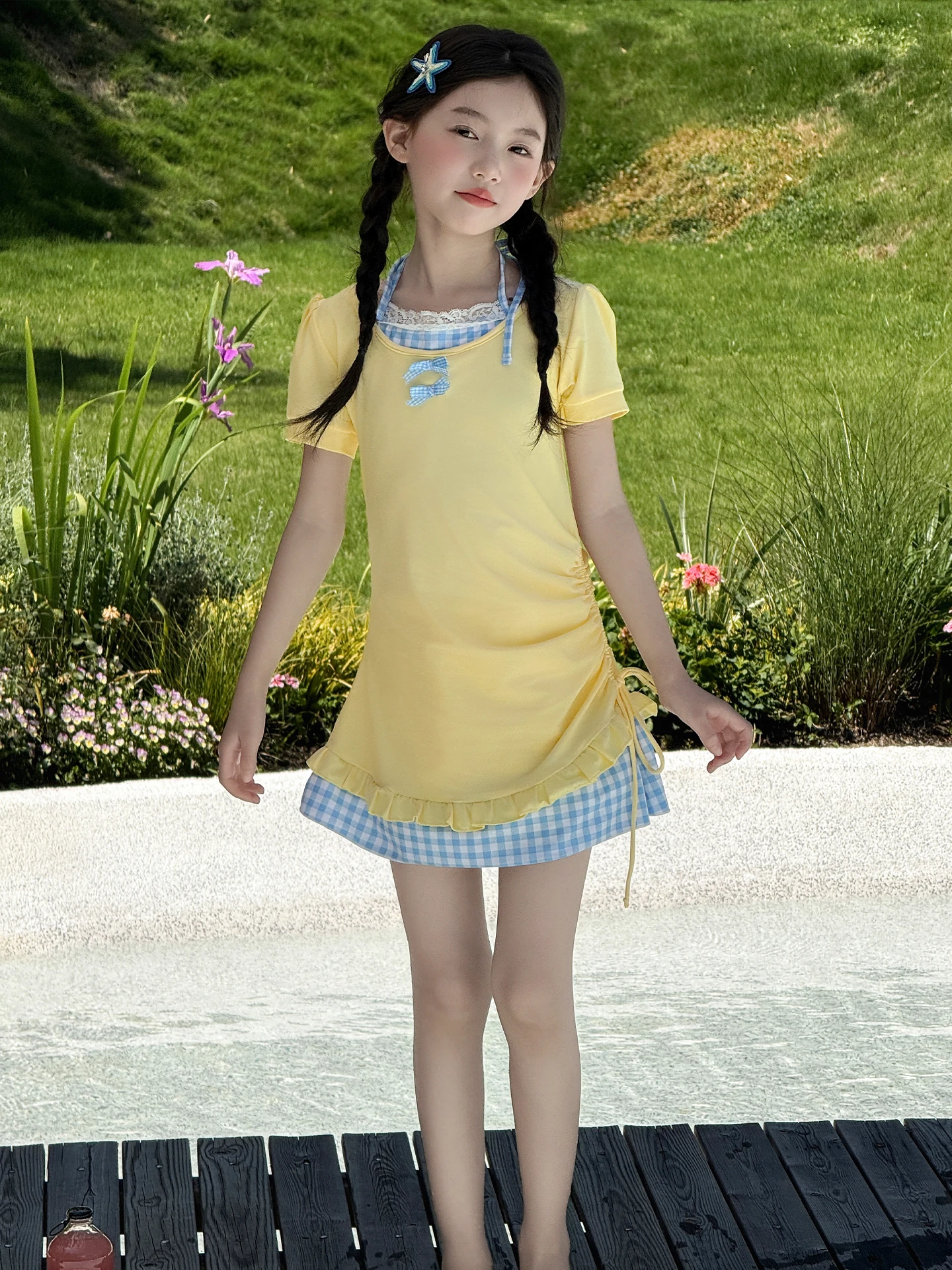 Conjunto de Vestido Fresco de Verão para Meninas, Tamanho Infantil, Estilo Coreano, Roupa de Banho, Shorts Curtos, Conjunto de Duas Peças, Respirável,