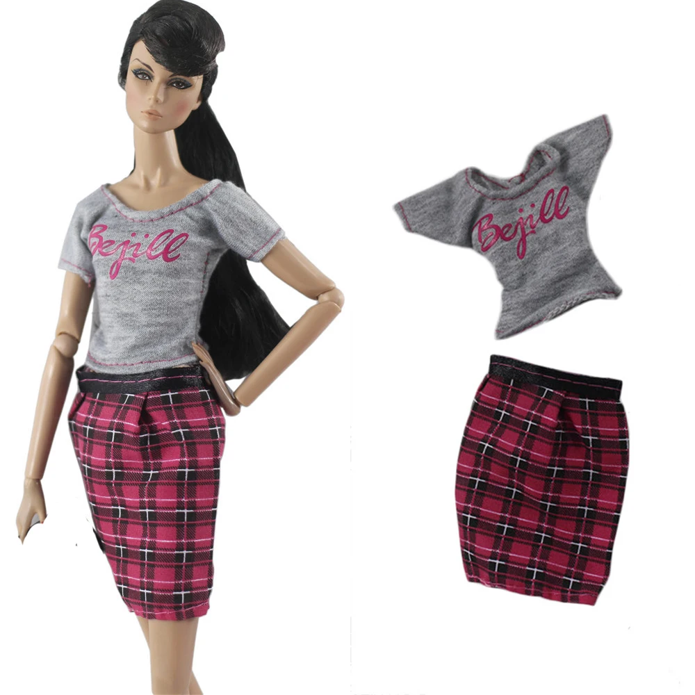 NK Official 1 Set Fashion Dress  Daily Casual Outfit  Lady Grey T-shirt  Plaid Skirt Casual Clothes for Barbie Doll Accessories