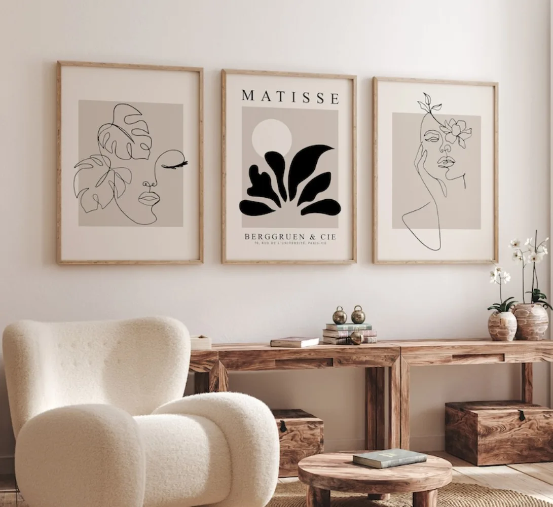 Abstract Female Figure Art Line Drawing,A Set of 3 Matisse Printable Posters,Bohemian Simple Face,Frameless Canvas Painting