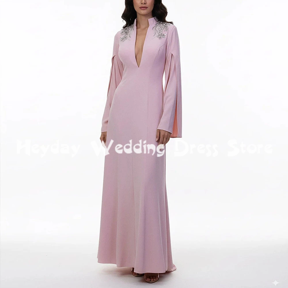 

Heyday Women's V-neck Beaded A Line Saudi Evening Dresses With Long Sleeves Floor-Length Formal Elegant Party Dresses 2025