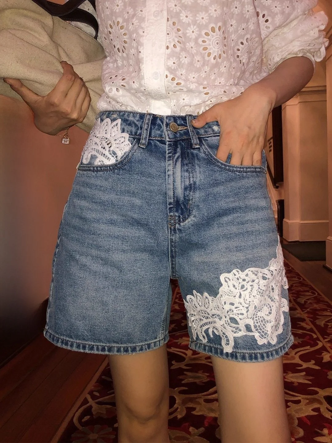 

Джинсовые шорты с высокой талией в американском ретро-стиле для женщин, летние, универсальные, с эффектом похудения, с кружевной отделкой, широкие джинсы
