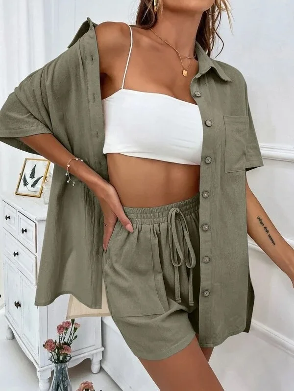 2024 Women Waist Drawstring Shorts Set Summer Simple Solid Women Shirts Outfits Cotton Linen Shirt Loose Casual 2 Piece Set