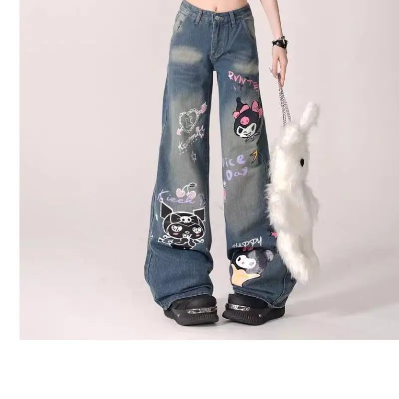 Sanrio cartoon jeans kuromi bonito solto menina pernas largas doce bonito casual moda conforto casual respirável presente para namorada