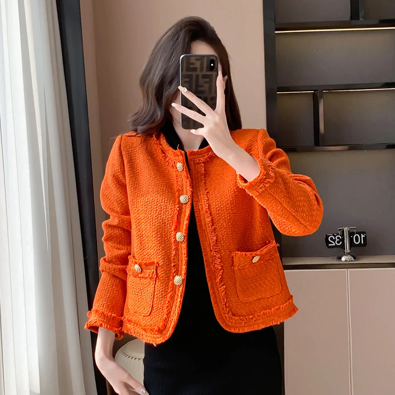 2025 New Spring Autumn Women Single Breasted Jacket Coat High Quality Fashion Tassel Edge Orange Color Tweed Jacket S-2XL