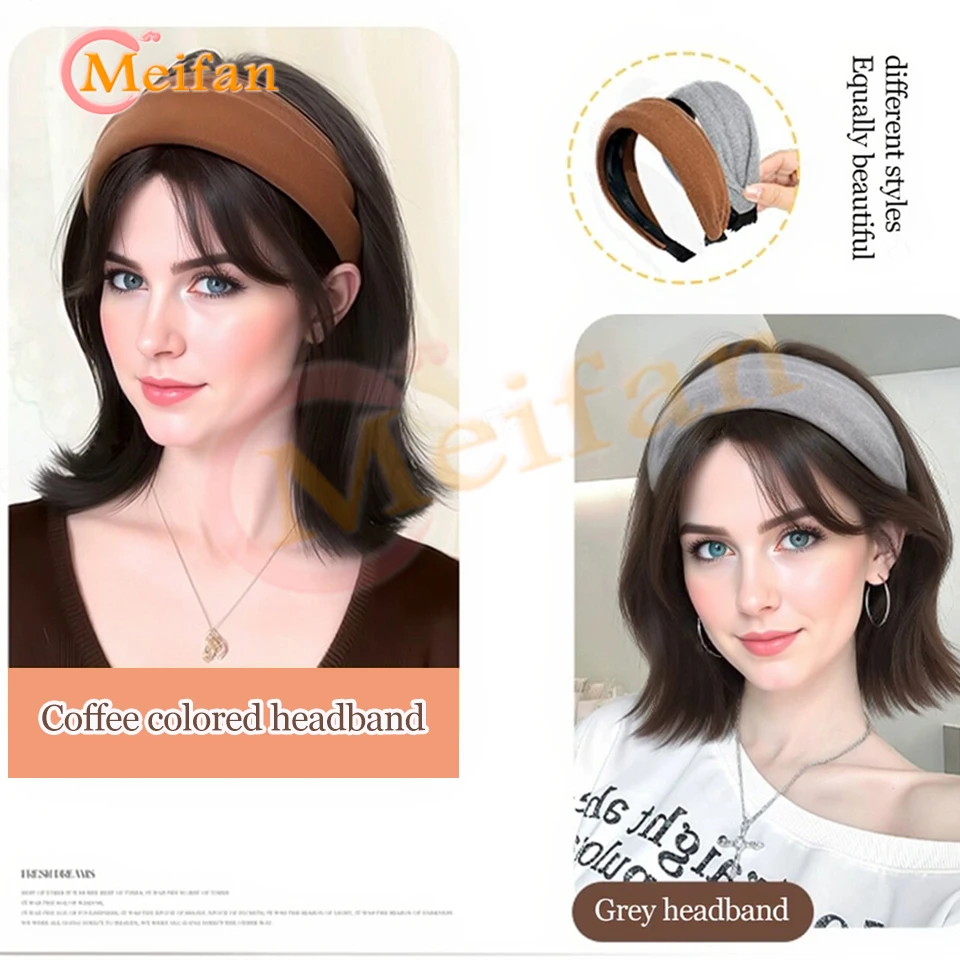    عصابة رأس قصيرة مستقيمة من القماش نصف باروكة للفتيات قطعة شعر صناعية منفوشة طبيعية مع مشبك ربطة شعر في وصلة شعر