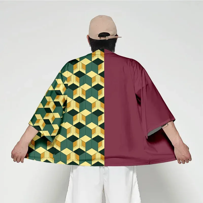 

Anime Character Kamade Zezeko Pink Women's Kimono Cardigan Summer Kamado Tanjirou Green Black Checkered Men Japanese Haori Coat
